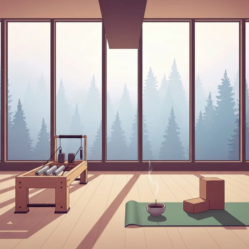 A peaceful luxury studio showing the equipment that illustrates what's the difference between yoga and pilates.