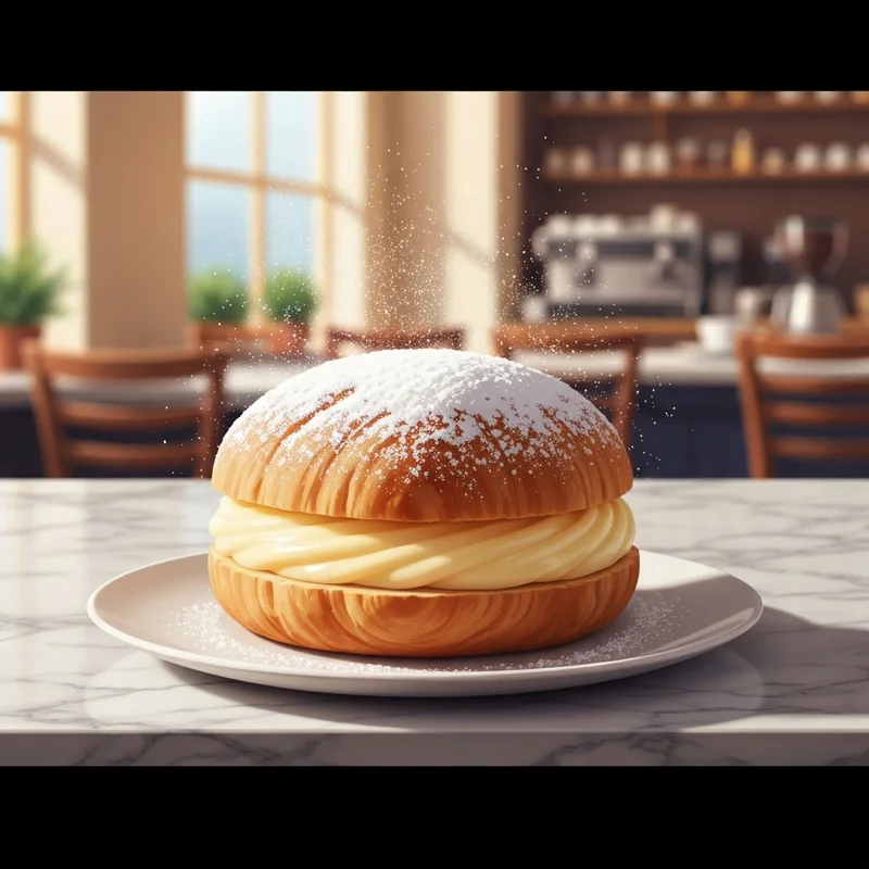 A close-up of a delicious Dunkin Donuts Bavarian Cream pastry covered in powdered sugar.