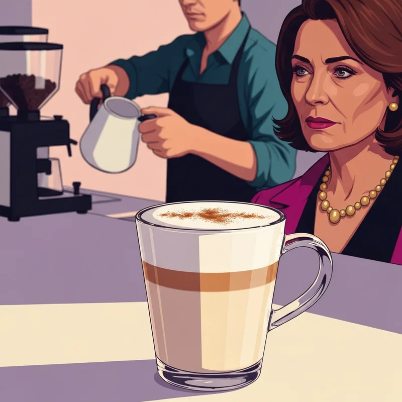 A close-up of a perfectly frothed starbucks oat milk latte in an urban cafe setting.