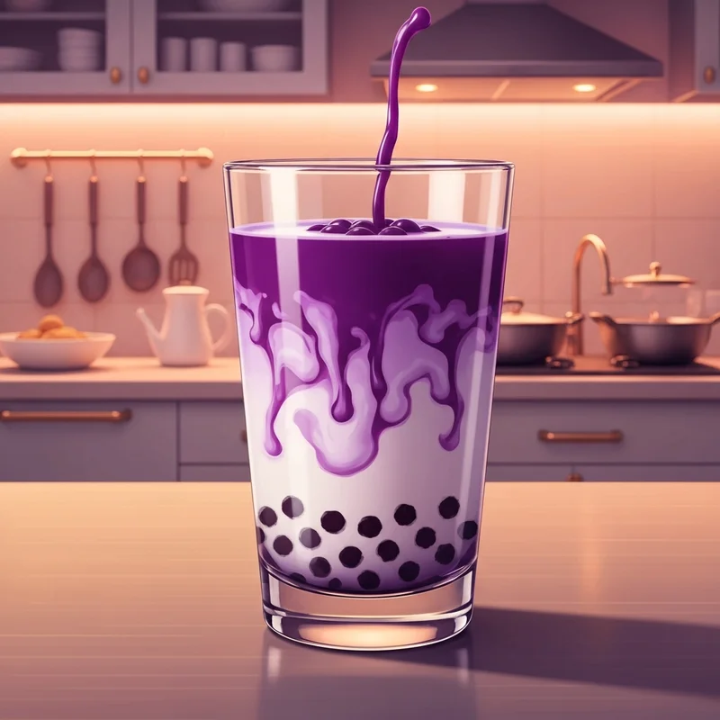 A close-up of a vibrant ube milk tea with a perfect purple swirl and tapioca pearls.