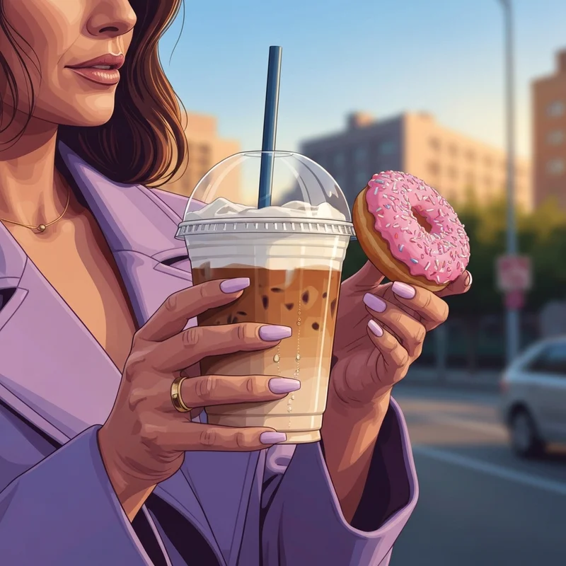 A person holding a drink and a donut from the dunkin' donut menu in a high-aesthetic morning setting.