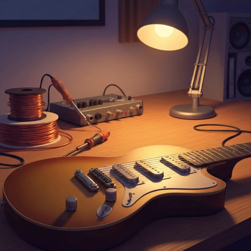 Close-up of high-quality Seymour Duncan Pickups installed in a professional electric guitar within a home studio environment.