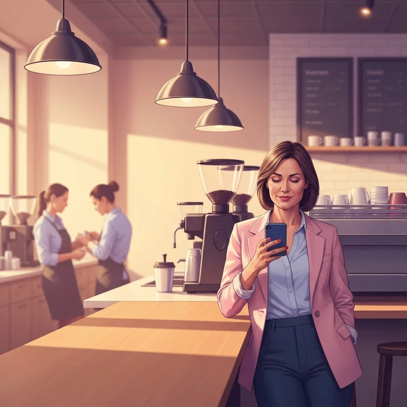 A woman confidently checking the dunkin allergen menu on her phone while ordering coffee.