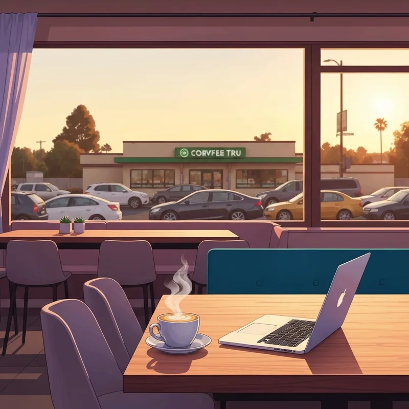 A cozy interior of a starbucks vacaville location showing a latte on a table with a laptop, representing the perfect spot for remote work.