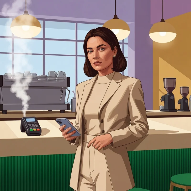 A young woman using her iPhone to verify does Starbucks accept Apple Pay at a modern cafe counter.