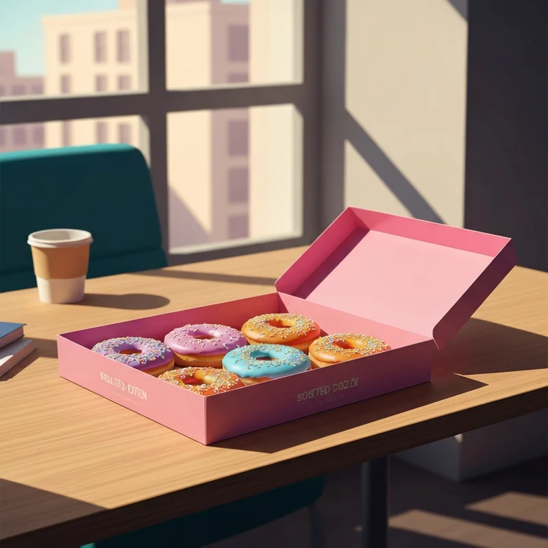 A box of assorted treats showing how much is a dozen donuts at dunkin' donuts in a bright office setting.