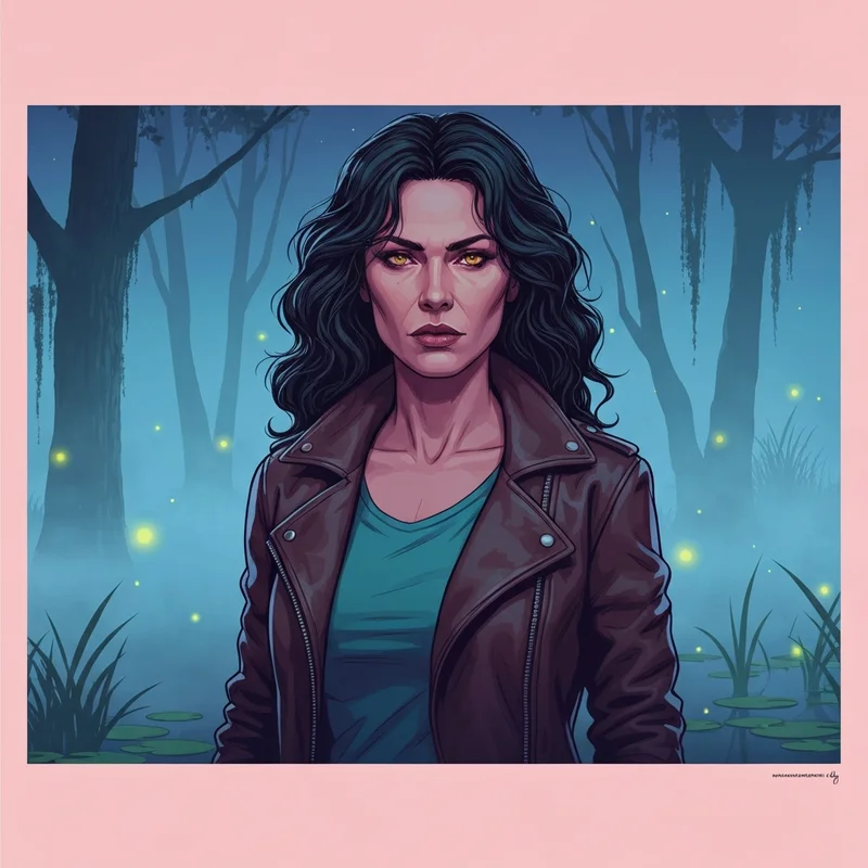 A powerful depiction of Hayley Marshall from hayley vampire diaries standing in the New Orleans bayou.