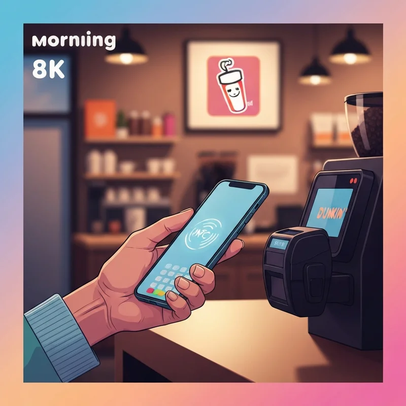 A person using a mobile device to verify does dunkin accept apple pay at a checkout counter.