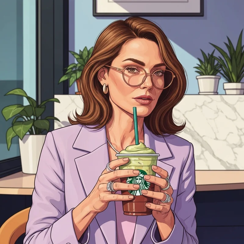 A stylish woman holding a viral starbucks dubai chocolate drink with pistachio cream cold foam in a sunlit cafe.