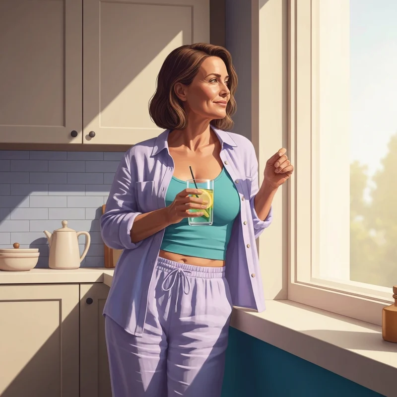 A woman practicing self-care while feeling bloated during ovulation by drinking lemon water in a sunlit kitchen.
