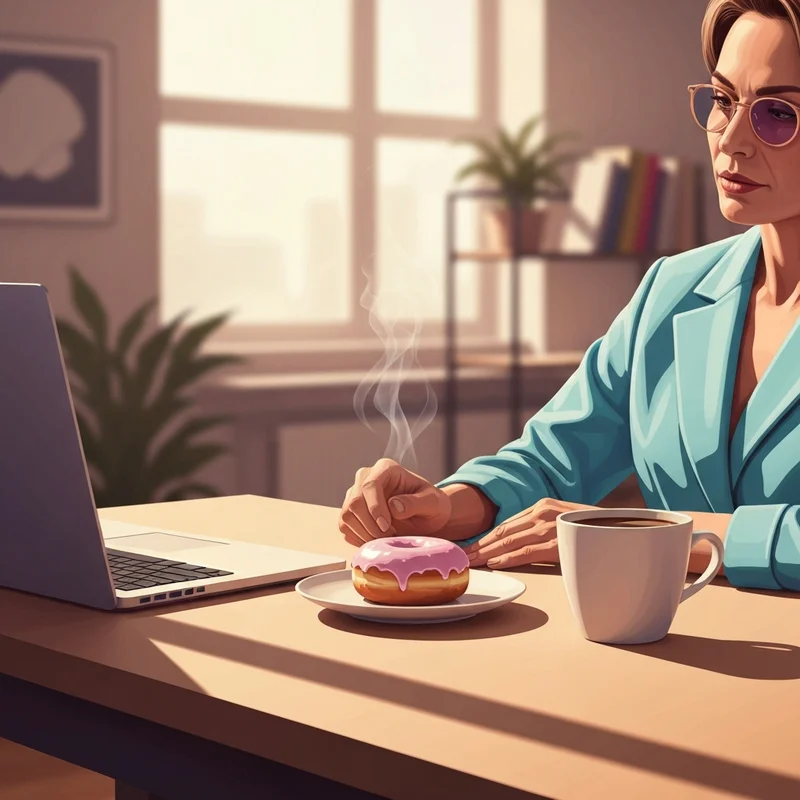 A mindful office snack break featuring a glazed donut hole and a coffee, highlighting the importance of dunkin donuts nutrition facts munchkins knowledge.