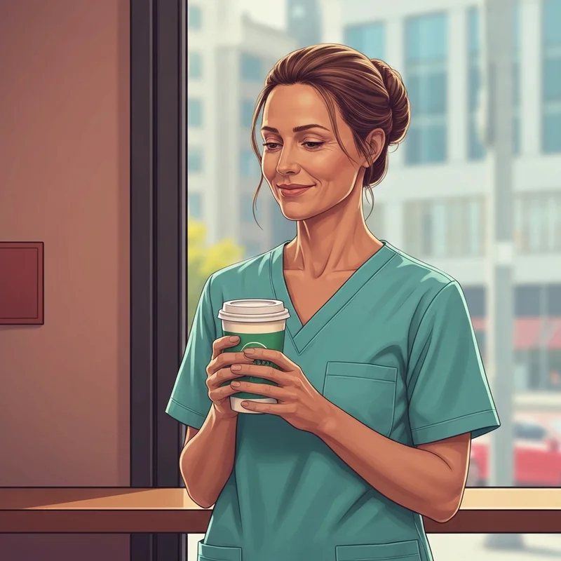 A healthcare professional enjoying a coffee during starbucks nurses week 2025.