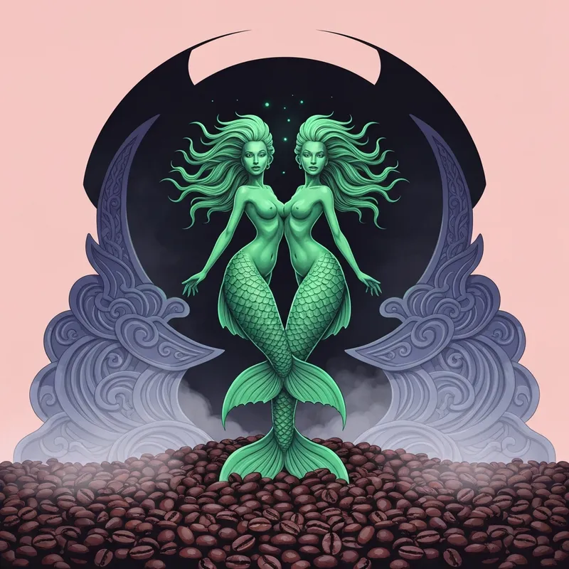 A cinematic depiction of the starbucks siren as a mystical twin-tailed mermaid sculpture.