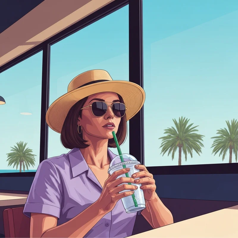 A woman enjoying a cold drink at a starbucks myrtle beach cafe during a sunny summer day.