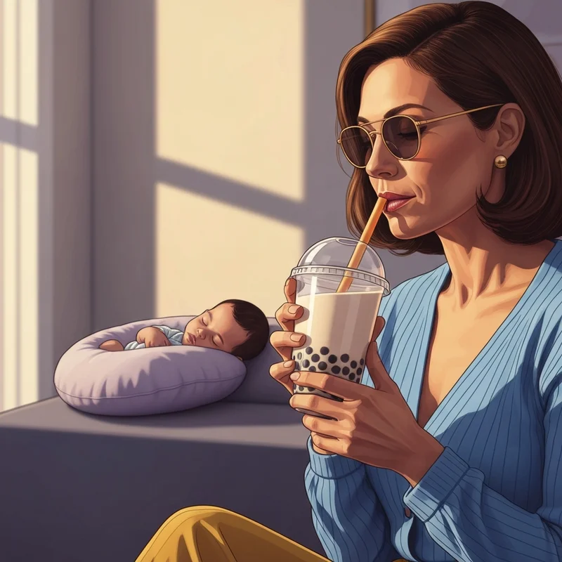 A modern mother enjoying a refreshing breastfeeding milk tea while her baby naps in a sunny living room.