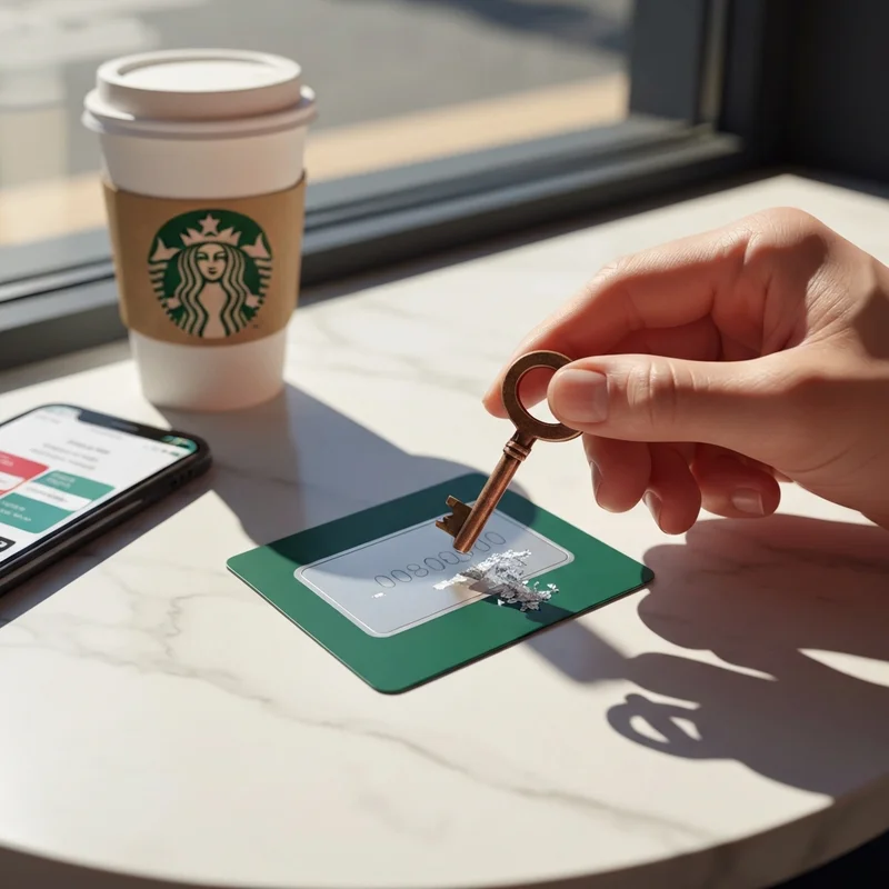 A person scratching a silver panel to find their starbucks security code on a gift card.