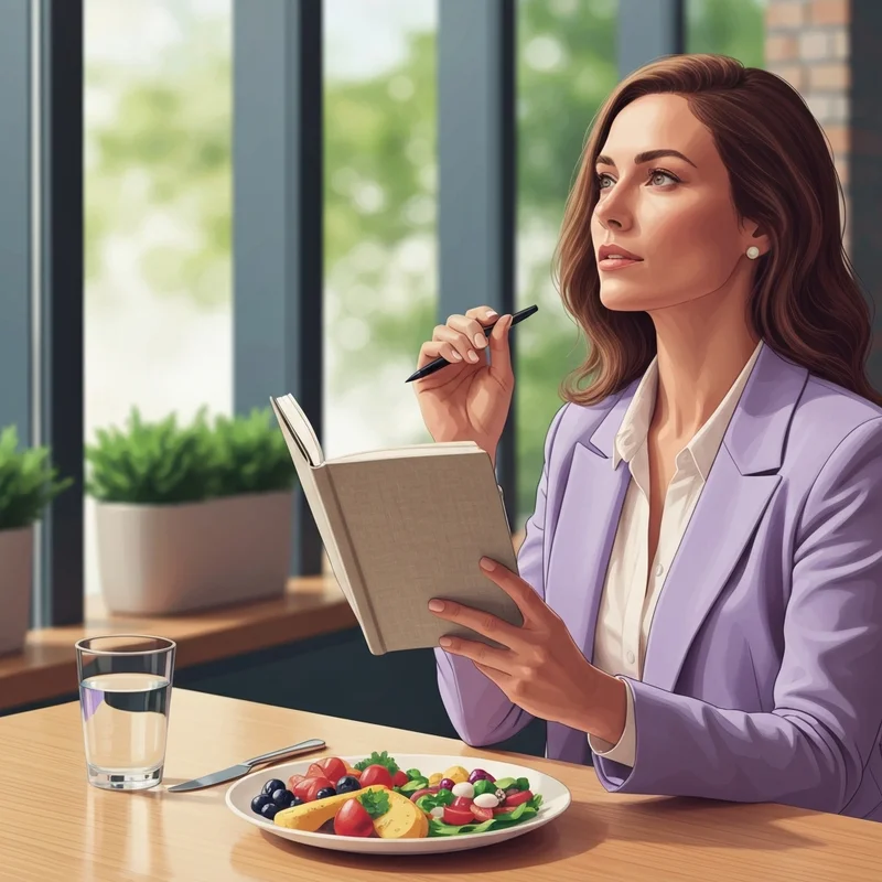 A young woman using an irritable bowel syndrome food diary to track her meals in a bright cafe.