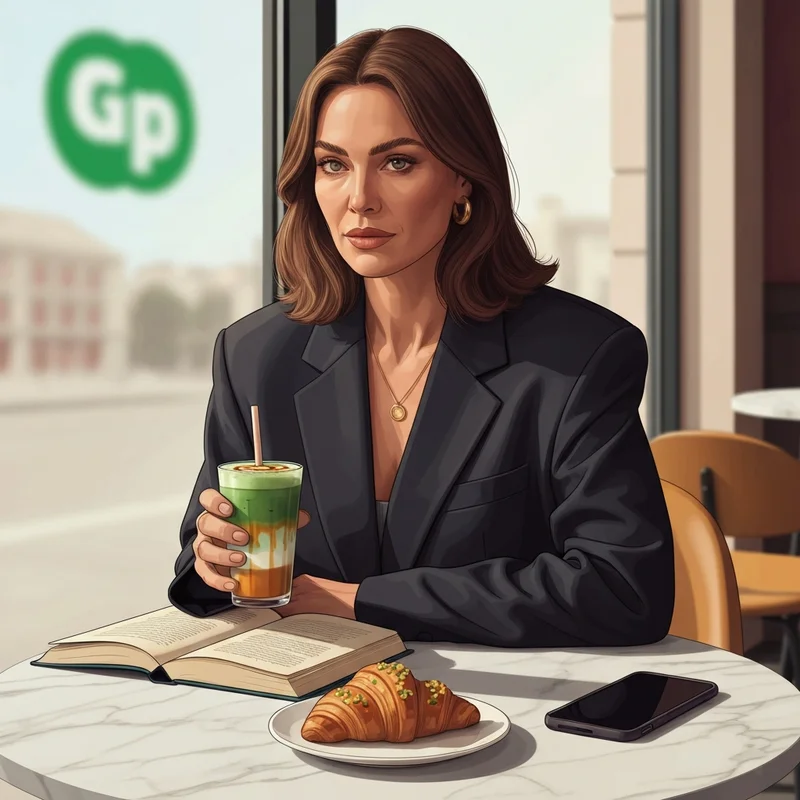 A stylish young woman enjoying the new items at starbucks in a sunlit cafe setting.