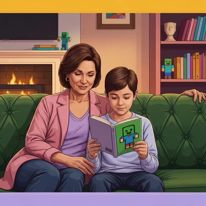 A parent and child bonding over a copy of Diary of a Minecraft Zombie in a cozy living room.