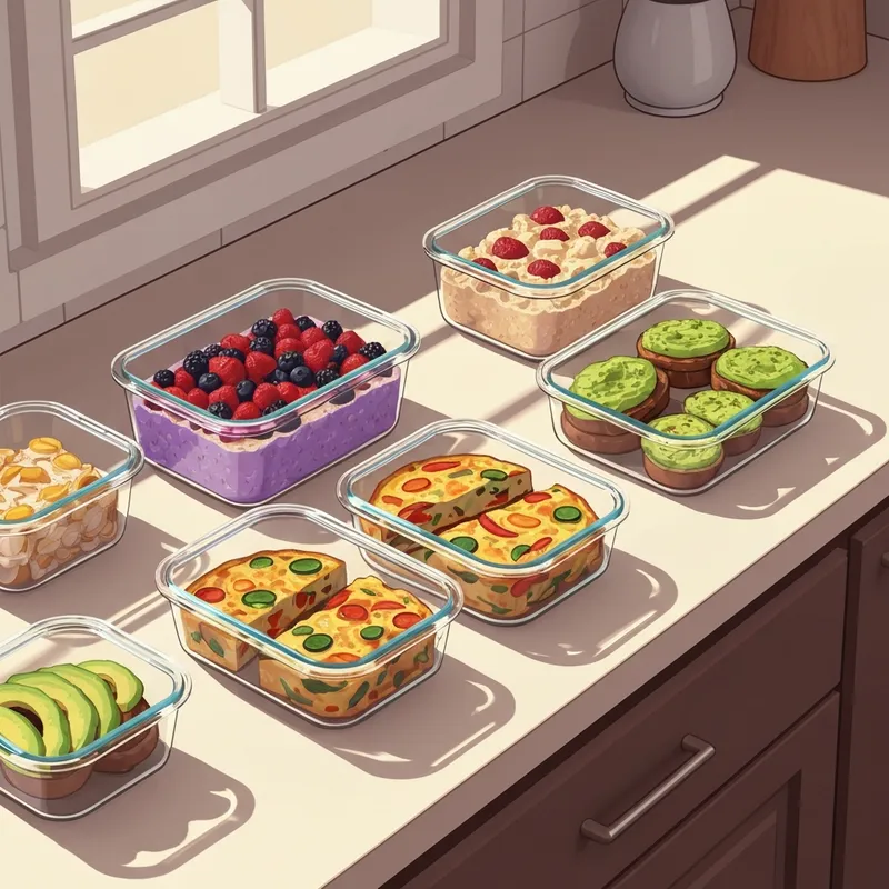 A series of glass containers showing various meal prep breakfast ideas on a marble kitchen counter.
