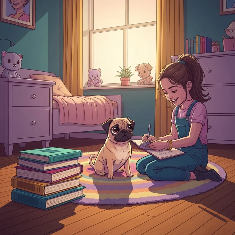 A young girl and her fawn pug sitting together with a stack of Diary of a Pug books in a sunlit room.