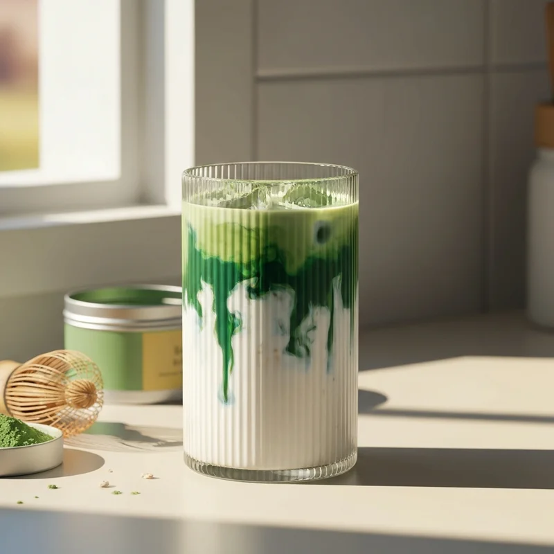 A close-up aesthetic shot showing how to make matcha latte iced with beautiful green marbling and oat milk in a tall glass.