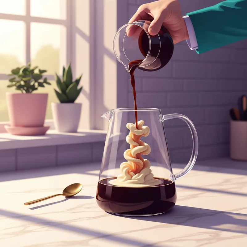 A perfectly styled home cafe setup featuring a Starbucks iced coffee bottle being poured into a tall glass with ice and cream.