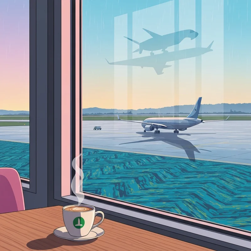 A traveler enjoying a cup of coffee from starbucks in pdx while looking out at the rainy Portland International Airport runway.