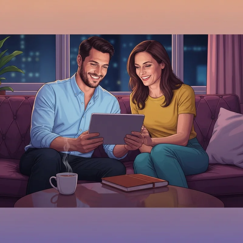 A couple using a digital bond diary to strengthen their relationship in a modern apartment.