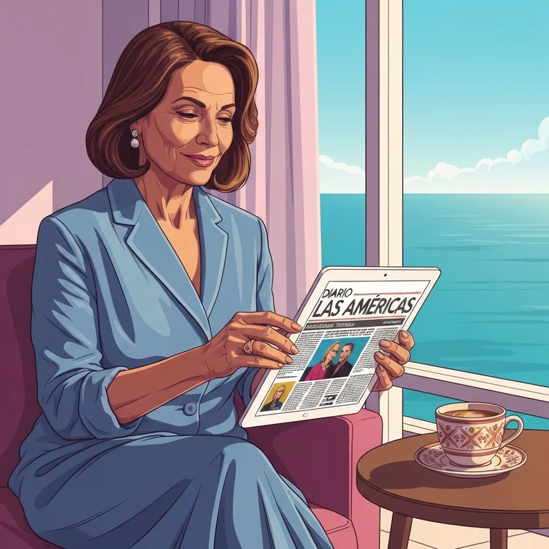 An elegant woman reading Diario Las Américas on her tablet in a Miami apartment.