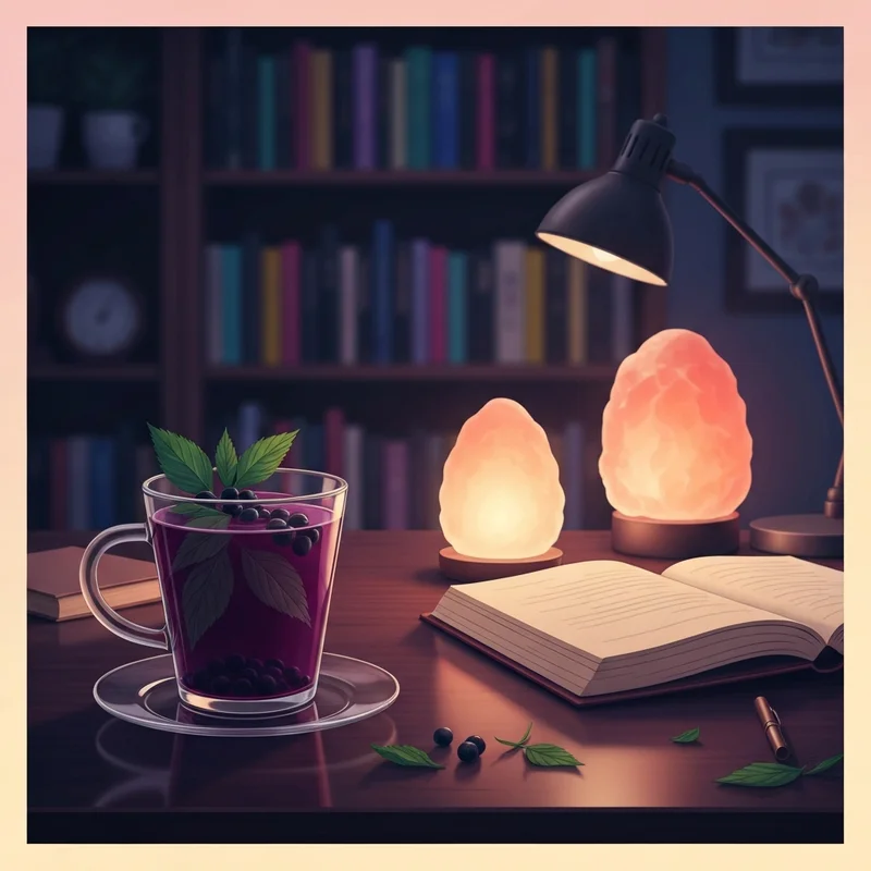 A moody, atmospheric shot of a Starbucks blackberry sage refresher on a desk, representing the Midnight Mood ritual.