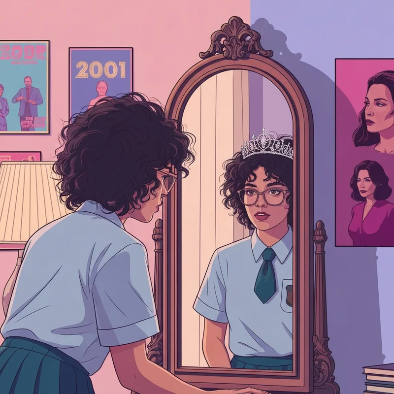A nostalgic scene depicting the glow-up of a teenager reflecting on how old was anne hathaway in the princess diaries.