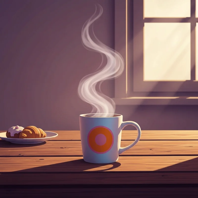 A warm morning ritual featuring a cup of Dunkin Donuts decaf coffee on a wooden table with soft sunlight.
