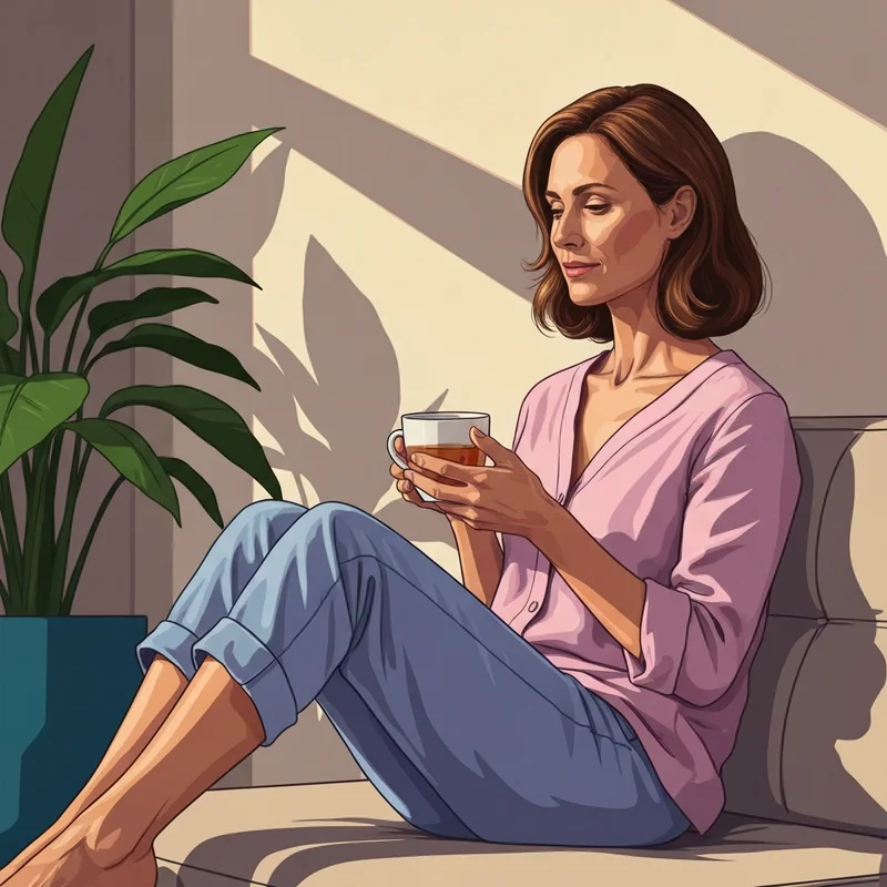 A woman experiencing relief from bloating icd 10 symptoms in a calm, sunlit room.