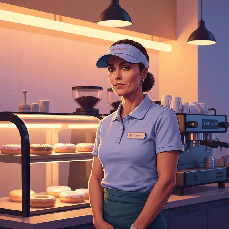 A young employee wearing the official dunkin uniform with a visor and name tag in a modern shop.