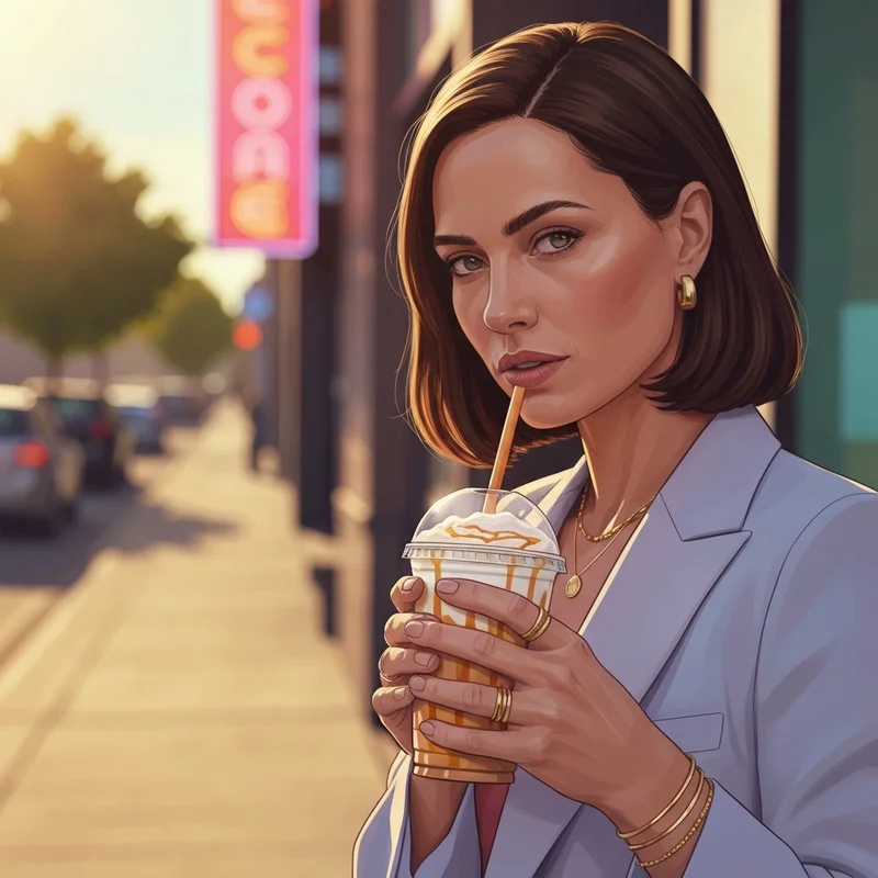 A trendy woman holding one of the best dunkin donuts drinks on a sunny city street.