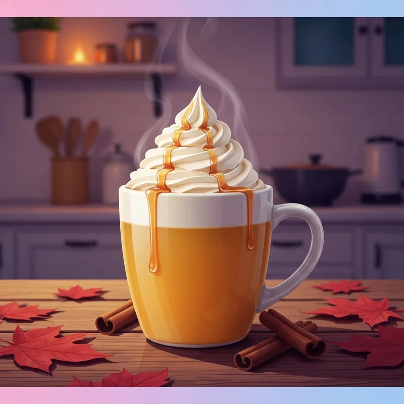 A cozy autumn scene featuring a steaming starbucks caramel apple spice in a mug with whipped cream and caramel drizzle.