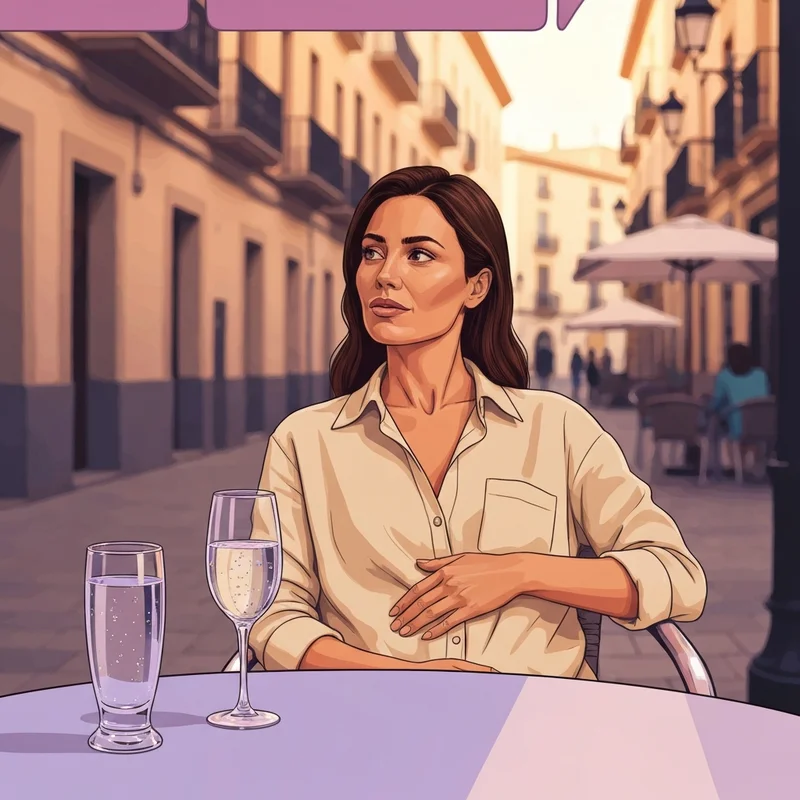 A woman at a Mediterranean cafe looking uncomfortably bloated in spanish style travel setting.