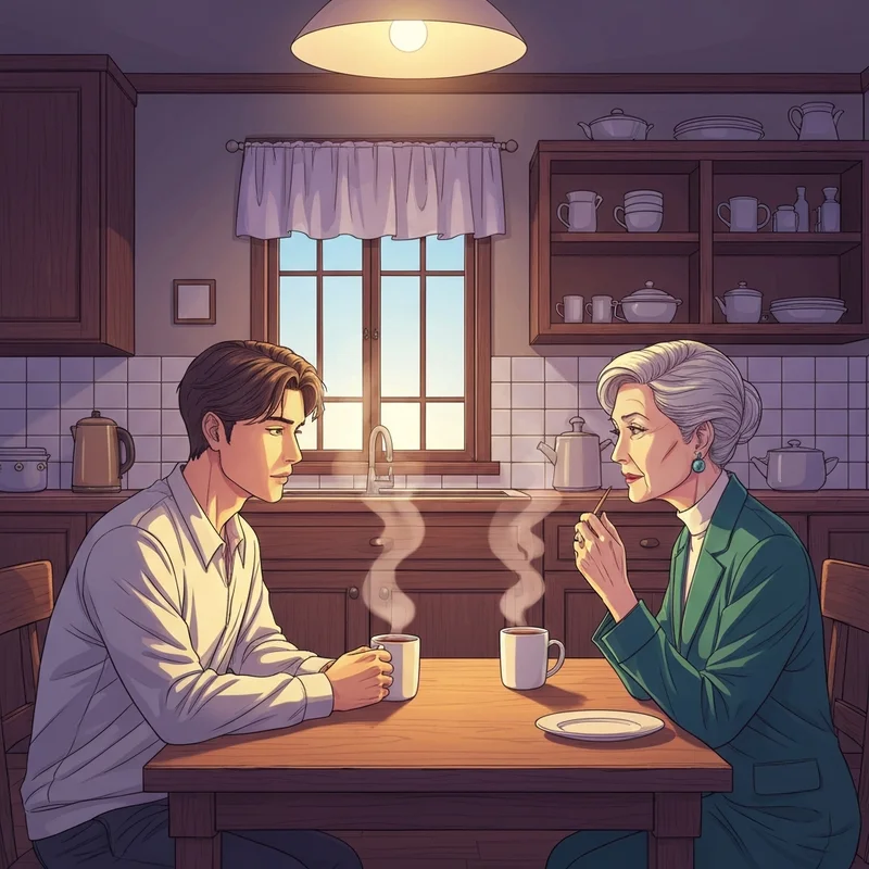 A cozy moonlit kitchen scene depicting characters from Boarding Diary in a moment of quiet intimacy.