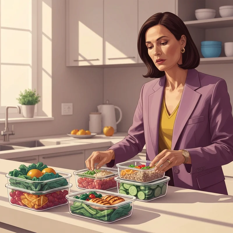 A woman organizing her weekly trader joe's meal prep in glass containers.