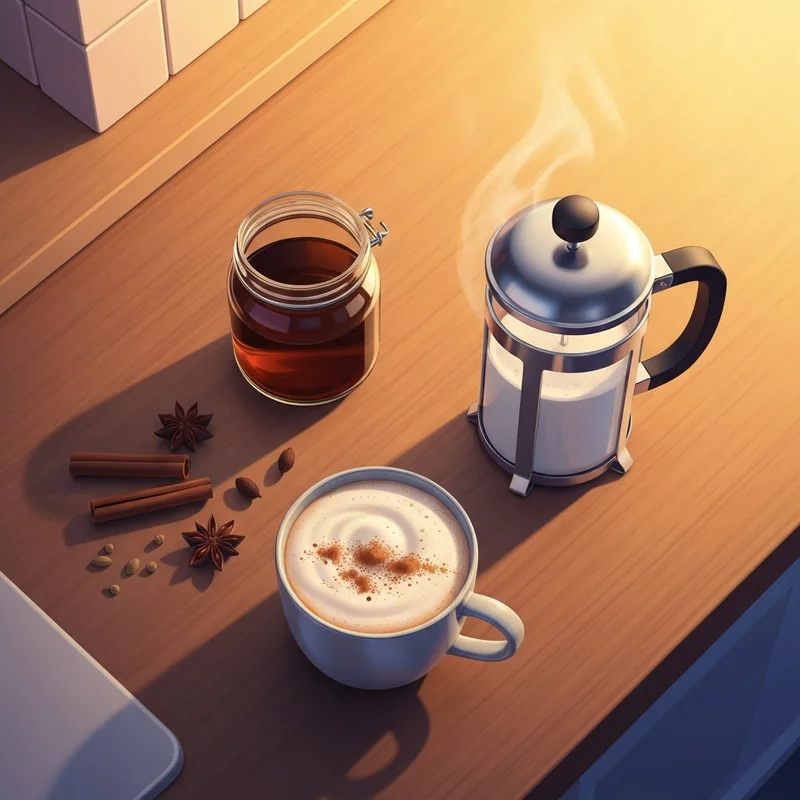 A professional-grade setup for a starbucks chai tea latte recipe featuring frothed milk and aromatic spices.