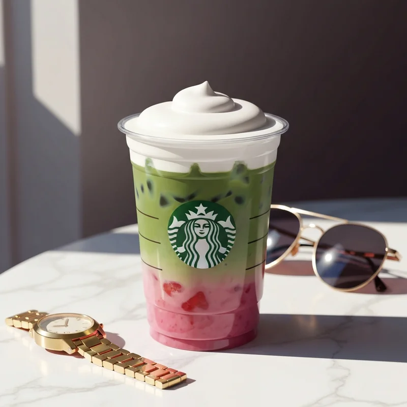 A perfectly layered aesthetic cup of starbucks matcha drinks featuring strawberry puree and cold foam on a marble table.