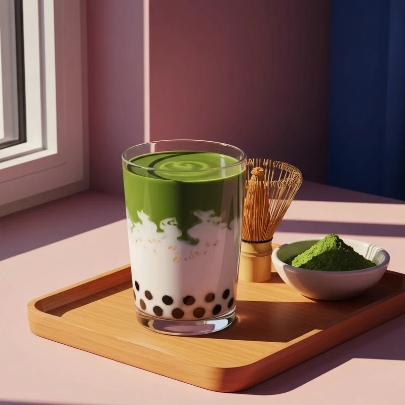 A refreshing glass of layered matcha milk tea with oat milk and boba pearls on a minimalist wooden tray in soft morning light.