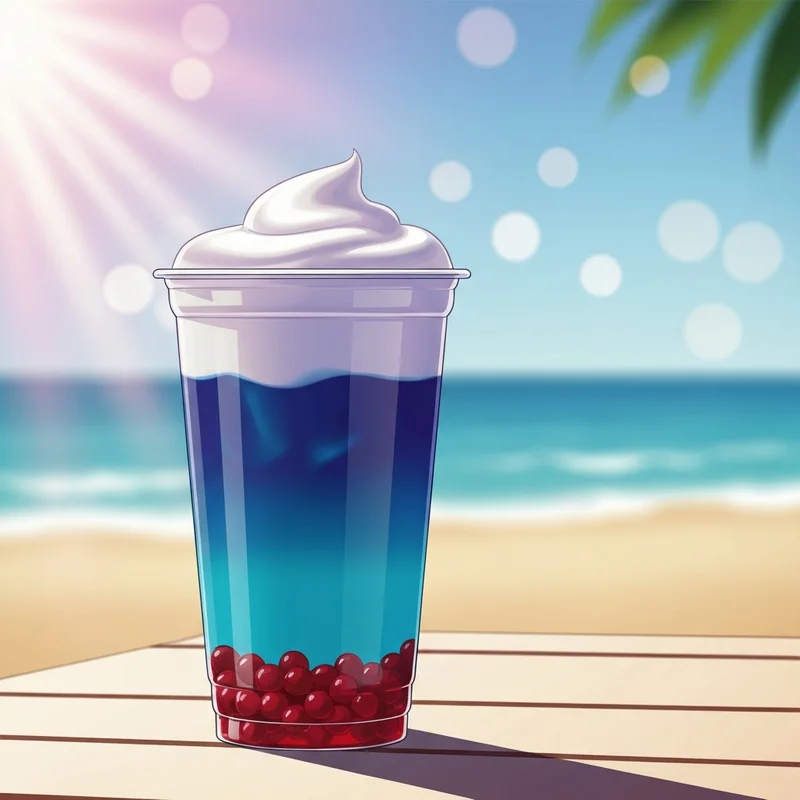 The viral gummy shark drink starbucks with blue coconutmilk and vanilla cold foam on a summer background.