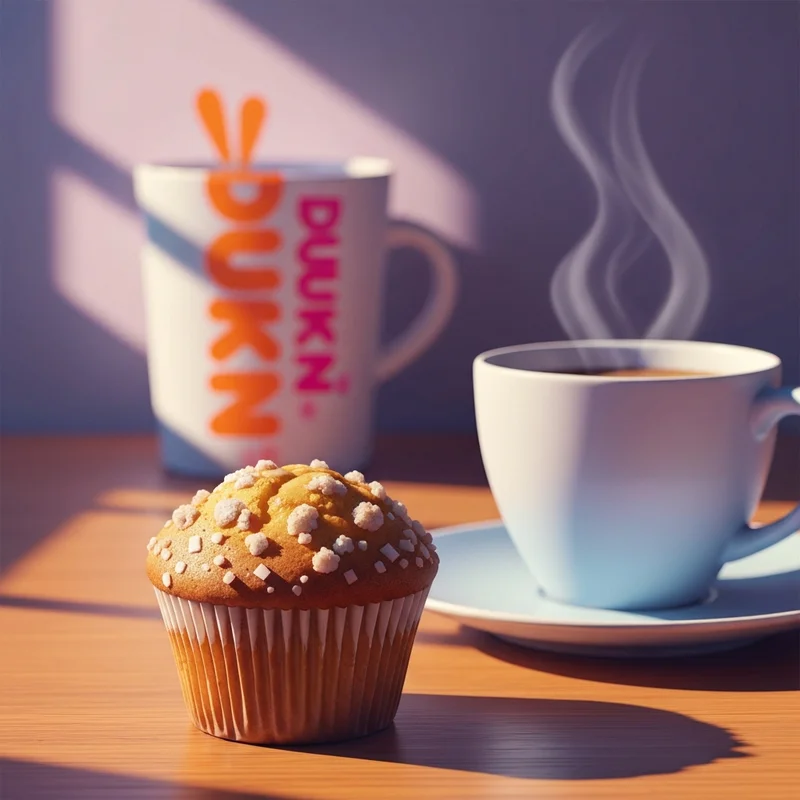 A close up of various dunkin donuts muffin flavors on a table with coffee.