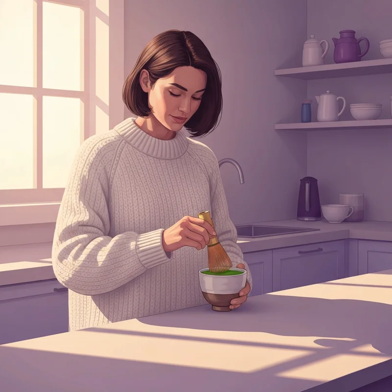 A woman preparing a hot matcha latte recipe in a sunlit kitchen with a bamboo whisk.