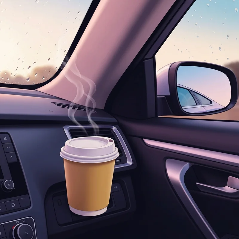 A close-up of a steaming hot beverage in a car, representing the safety concerns highlighted in the starbucks hot tea lawsuit.