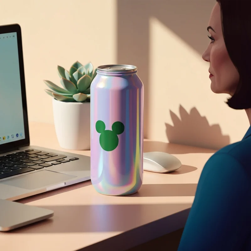A high-end aesthetic photo of a disney starbucks cup on a marble desk in a modern office.