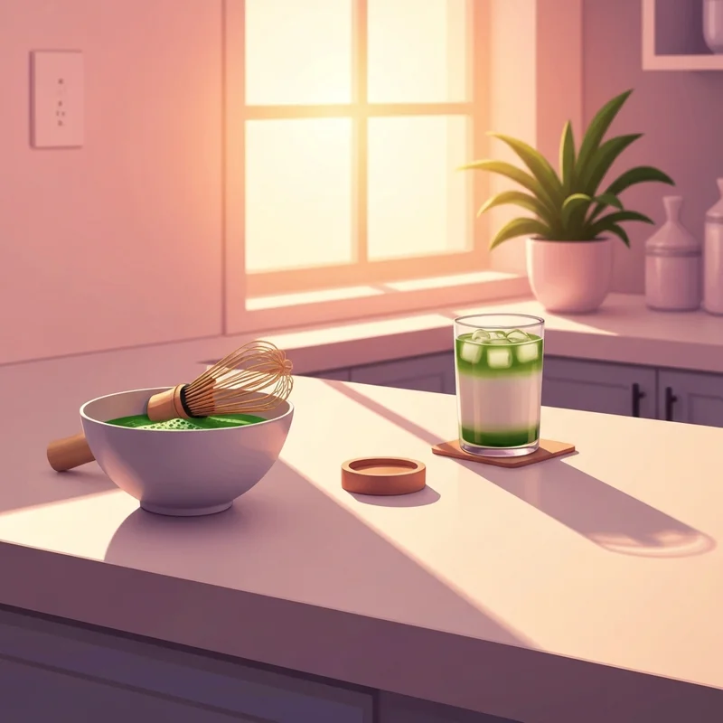 A perfectly prepared jade leaf matcha latte with layers of green tea and creamy oat milk on a marble counter.