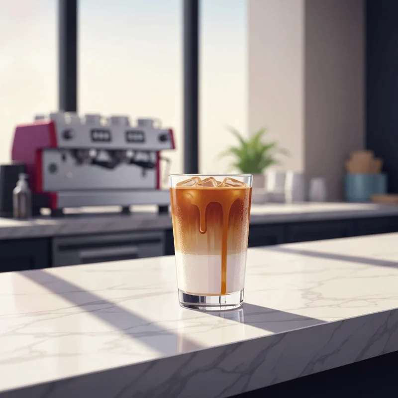 A close-up of a layered iced drink illustrating caramel macchiato starbucks calories and aesthetic coffee culture.